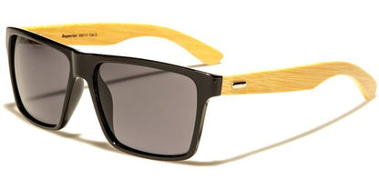 Men's Women's Wooden Bamboo Classic Retro Mirrored Sunglasses Gloss Black/Wooden Arm/Smoke Lens Superior sup89013a