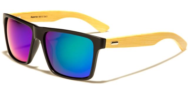 Men's Women's Wooden Bamboo Classic Retro Mirrored Sunglasses Matt Black/Wooden Arm/Green & Blue Mirror Lens Superior sup89013e