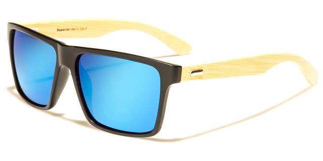 Men's Women's Wooden Bamboo Classic Retro Mirrored Sunglasses Matt Black/Wooden Arm/Blue Mirror Lens Superior sup89013f