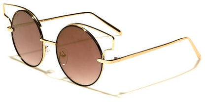 VG Metal Round Cat Eye Steampunk Sunglasses for women Gold & Black Brown Mirror Lens VG vg21037e
