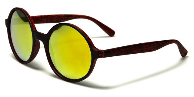 Round Unisex Mirrored Sunglasses Black Red Wood Effect Orange Mirror Lens Unbranded w-1766a