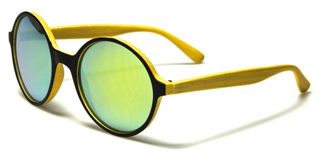 Round Unisex Mirrored Sunglasses Unbranded w-1766d Black Wood effect Yellow Mirror & Green Lens