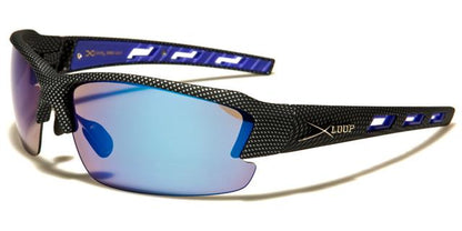 Sports Semi-Rimless Wrap Around Sunglasses Great for Running Black Carbon Look Blue Blue Mirror Lens x-loop xl2524e